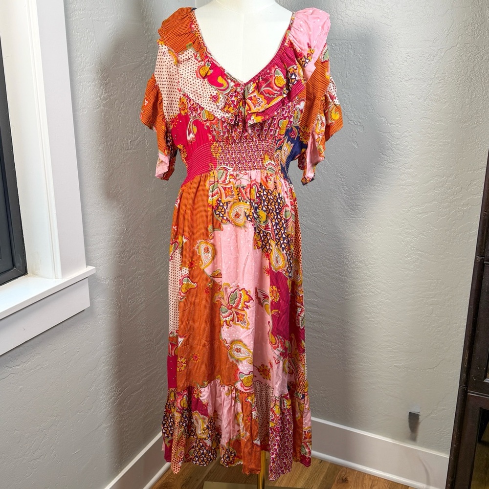 Lapis Patchwork Paisley Boho Smocked Waist On or Off Shoulder Dress Size M